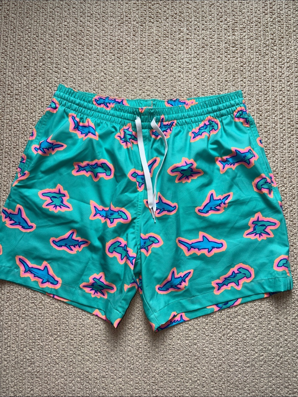 chubbies Turquoise Swim Shorts with Neon Shark Accents large like new